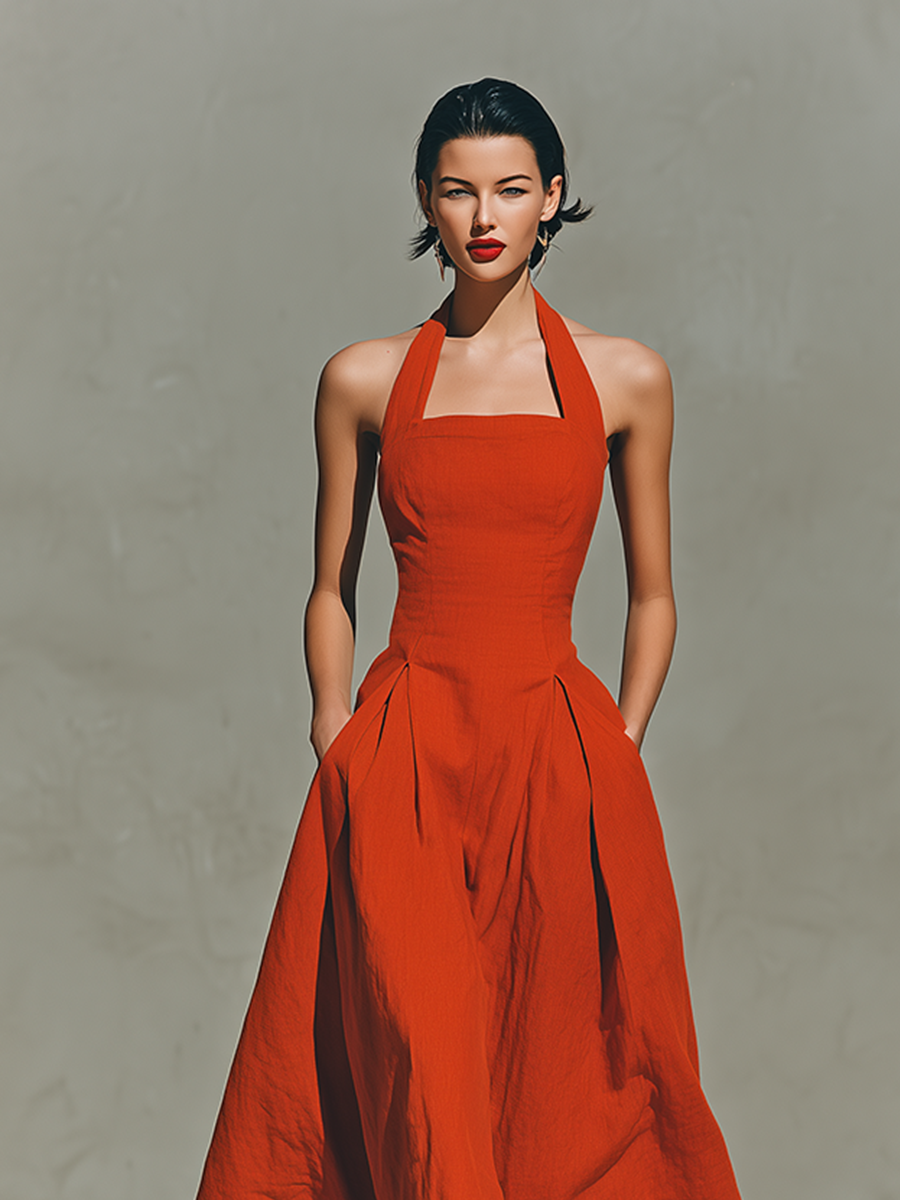 Women's Red Linen Halter Pleated Maxi Dress – ModClo