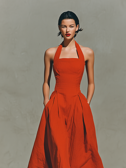 Women's Red Linen Halter Pleated Maxi Dress – ModClo