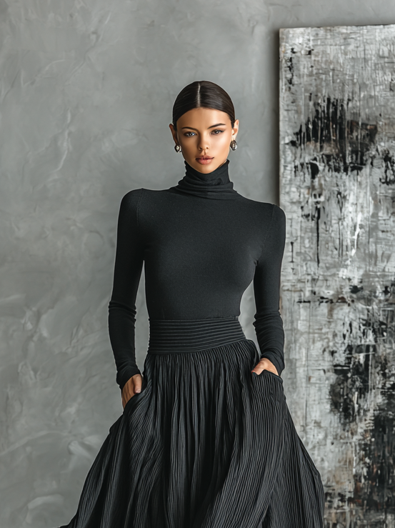 Women's Black Turtleneck Pleated Skirt Set – ModClo