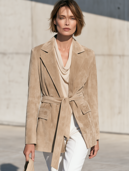 Women's Beige Belted Lapel Blazer – ModClo