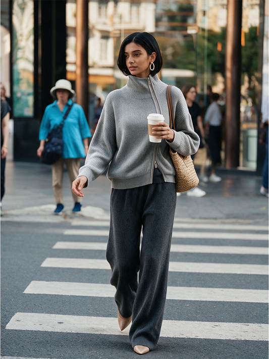 Women's Grey Diagonal‑Zip Funnel Neck Knit Jumper – ModClo