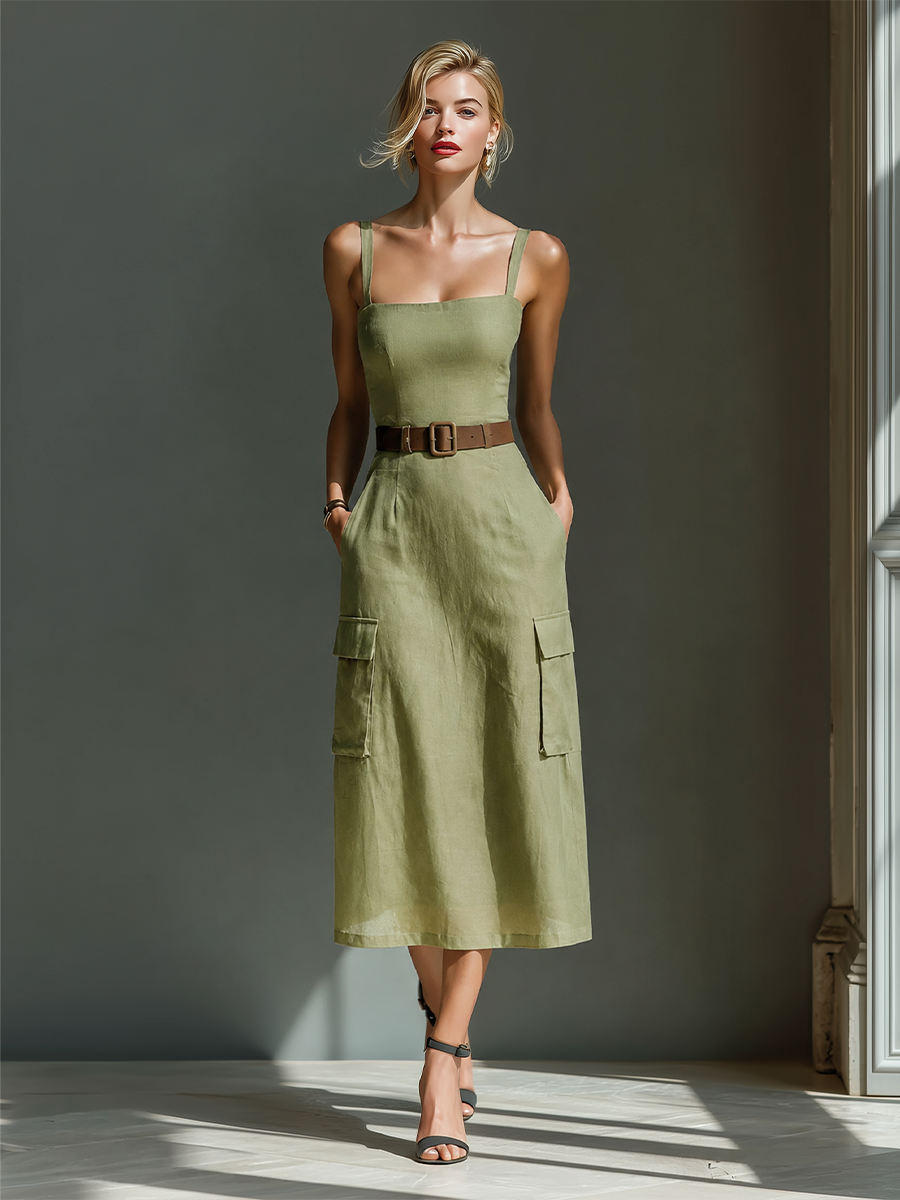 Women's Green Linen Sleeveless Belted Midi Dress – ModClo