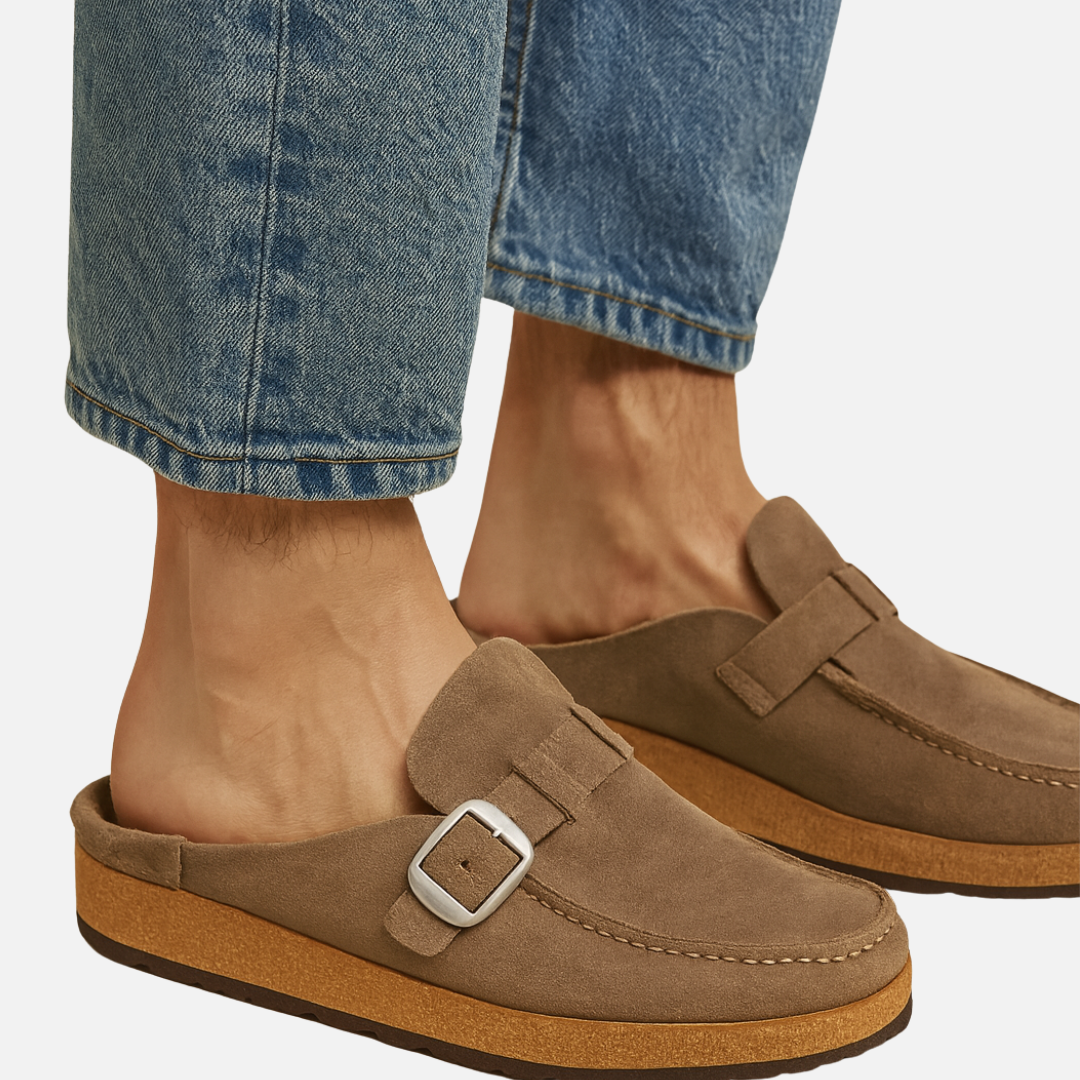 Men’s Suede Mules with Buckle - Closed Toe Sandals