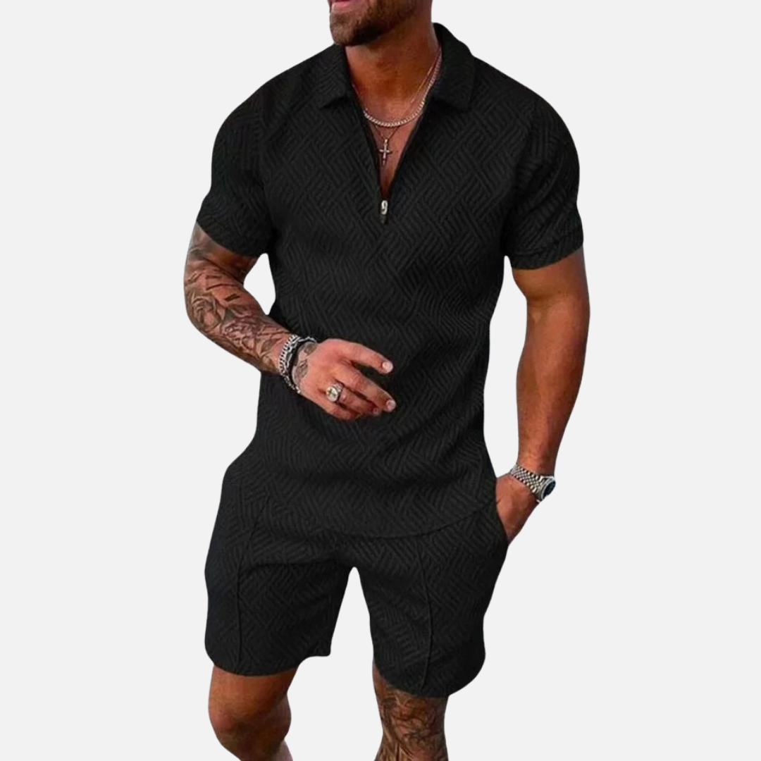 Men's Textured Zip Collar Polo Shirt and Shorts Set