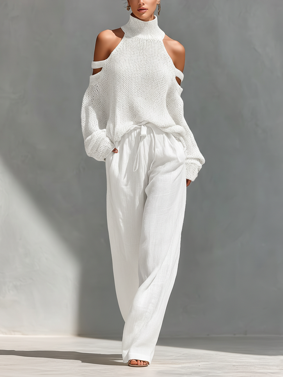 Women's Beige Linen Wide-Leg Trousers – ModClo