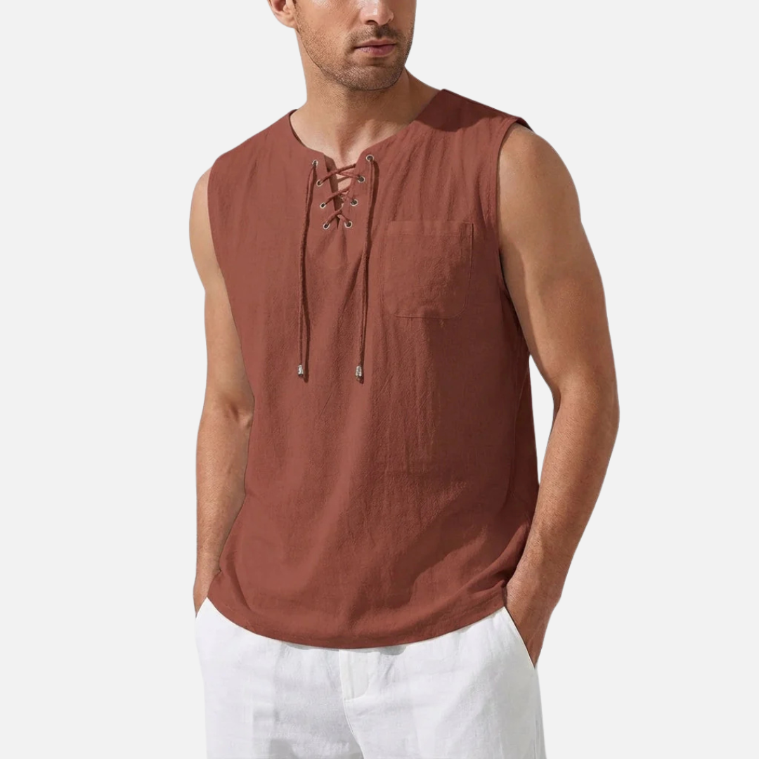 Men's Linen Sleeveless Tank Top | Lace-Up V-Neck Beach Vest