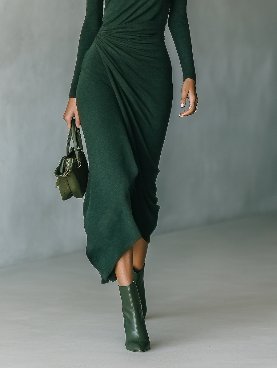 Women's Green Knit High Neck Wrap Midi Dress – ModClo