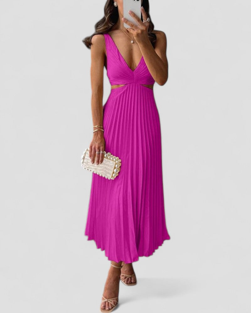 Elegant Pleated Satin Cut Out Midi Dress