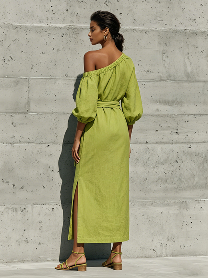 Women's Green Linen Puff Sleeve Slit Midi Dress – ModClo