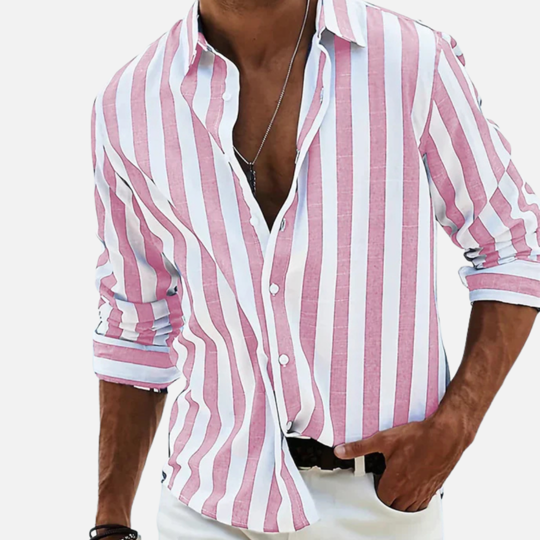 Men's Striped Long Sleeve Shirt – Button-Up Casual Beach Shirt