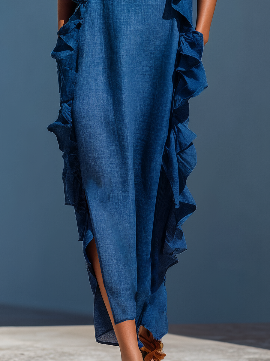 Women's Blue Linen Slit Maxi Dress – ModClo