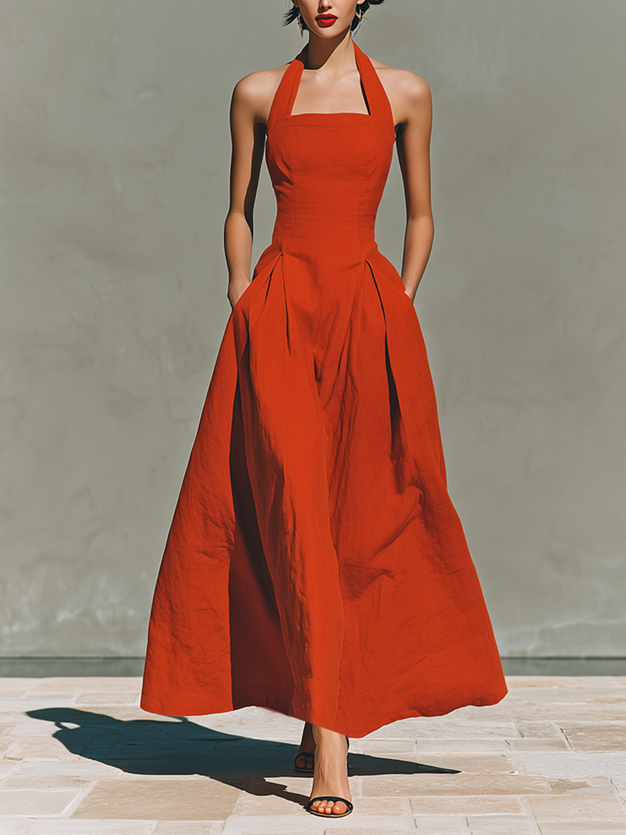 Women's Red Linen Halter Pleated Maxi Dress – ModClo