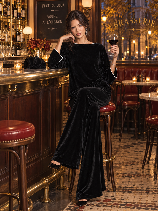 Women's Velvet Two-Piece Set Boat Neck Top & Wide Leg Palazzo Trousers – ModClo