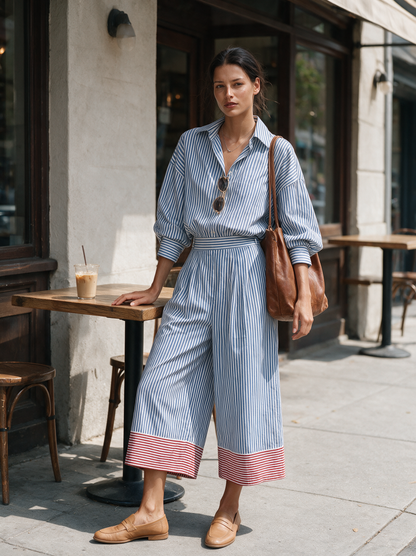 Women's Striped Shirt Color Trouser Set – ModClo
