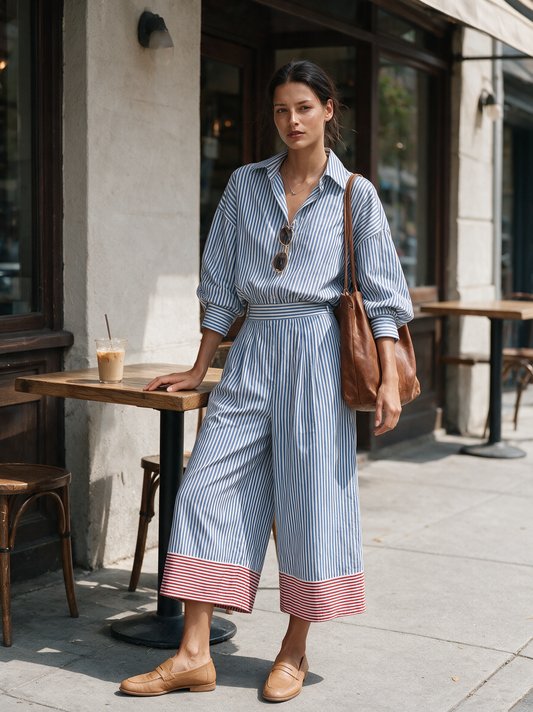 Women's Striped Shirt Color Trouser Set – ModClo