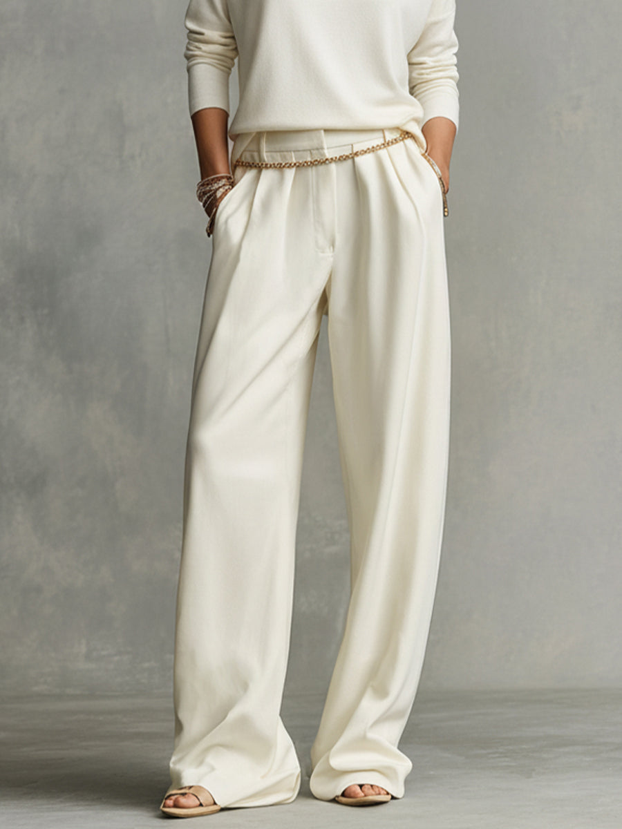 Women's Cream Tailored Wide Wide-Leg Trousers – ModClo