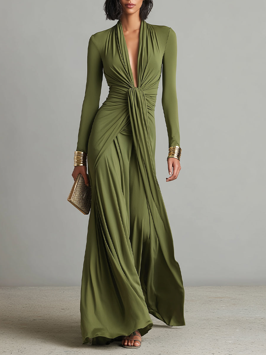 Women's Olive Silky Ruched Maxi Dress – ModClo