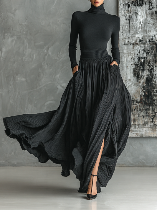 Women's Black Turtleneck Pleated Skirt Set – ModClo