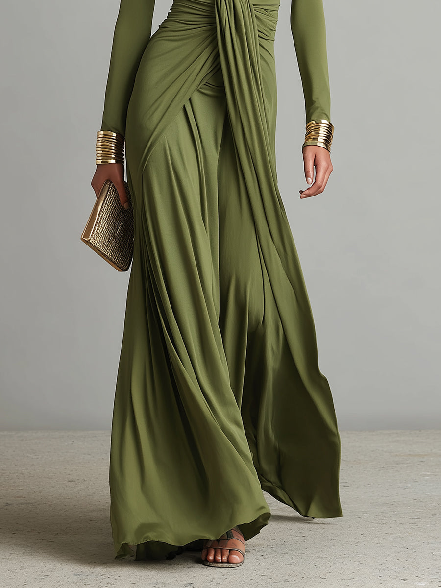 Women's Olive Silky Ruched Maxi Dress – ModClo