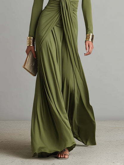 Women's Olive Silky Ruched Maxi Dress – ModClo