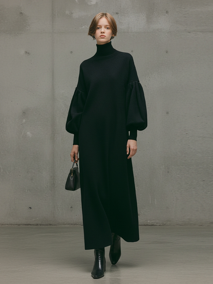 Women's Black Turtleneck Puff Sleeve Maxi Dress – ModClo