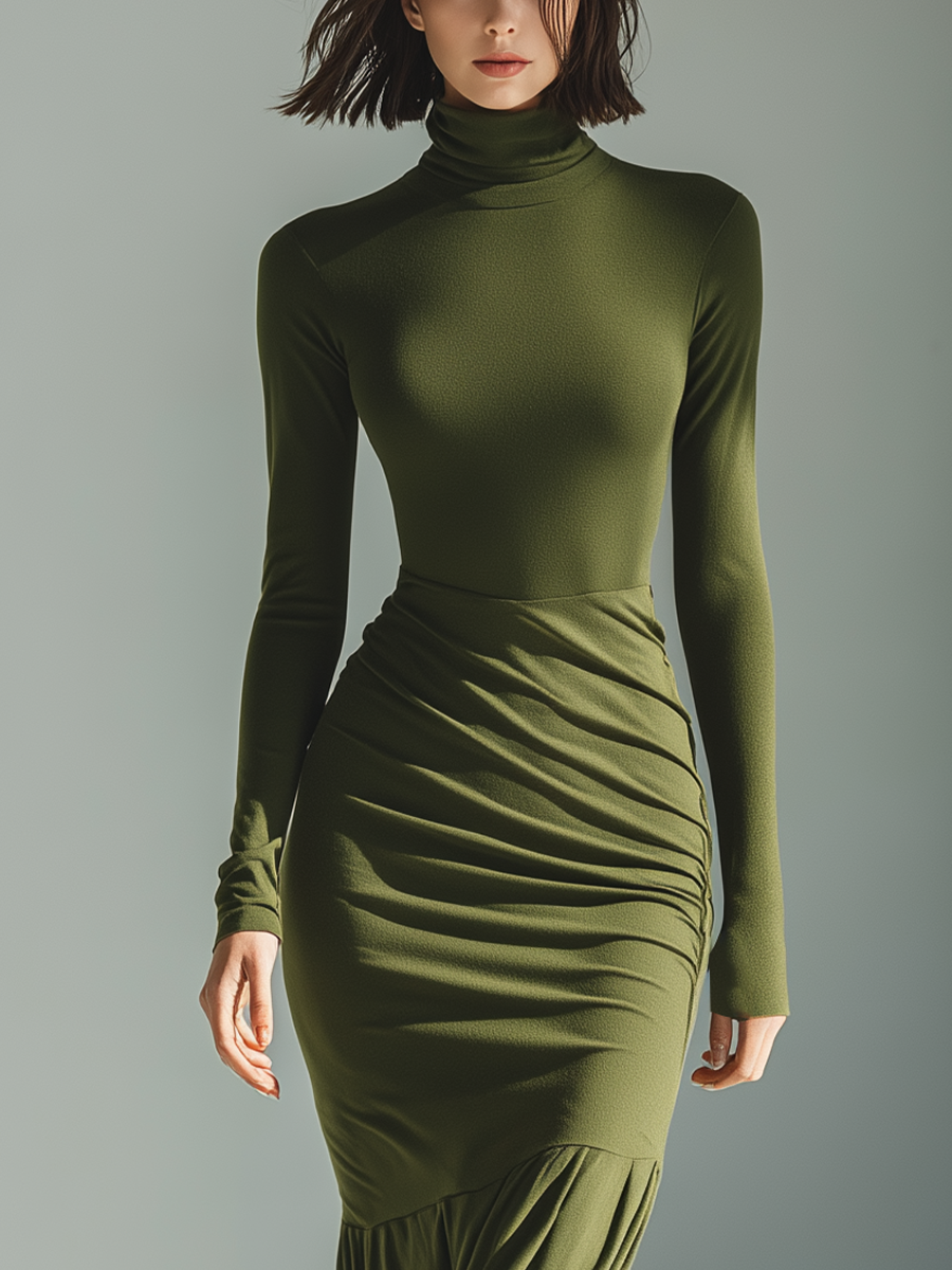 Women's Green Knit High Neck Pleated Maxi Dress – ModClo