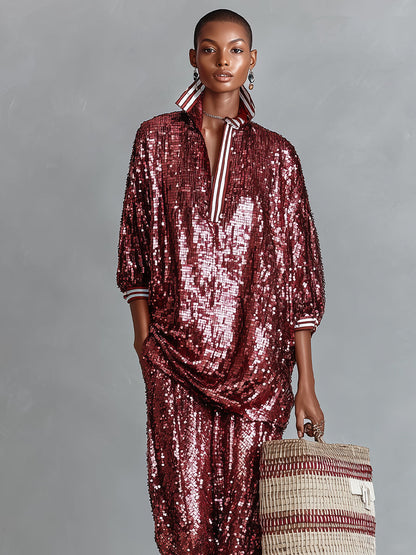 Women's Burgundy Sequin Oversized Striped Loungewear Set – ModClo