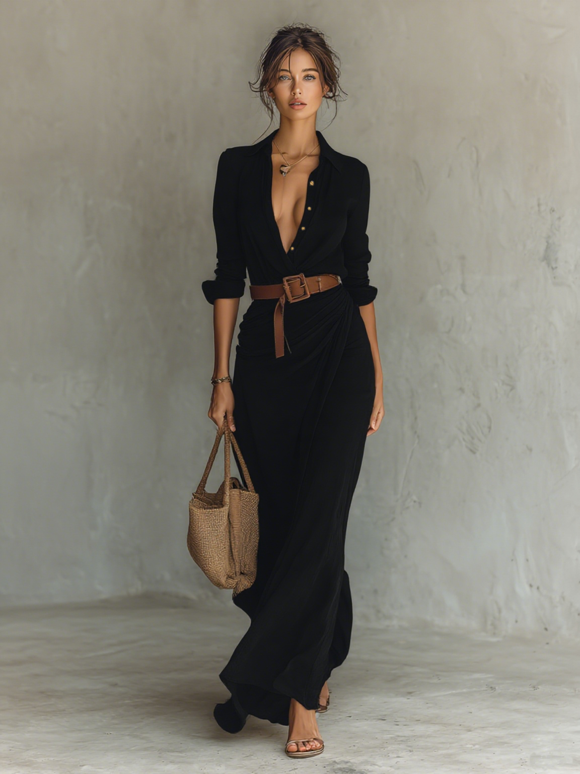 Women's Long Sleeve Belted Lapel Maxi Dress – ModClo