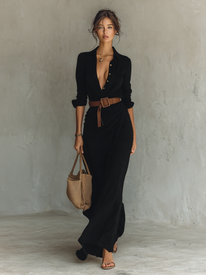 Women's Long Sleeve Belted Lapel Maxi Dress – ModClo