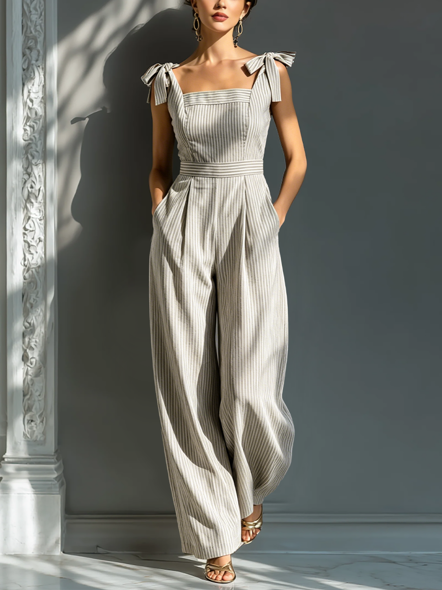 Women's White Linen Square Neck Striped Jumpsuit – ModClo