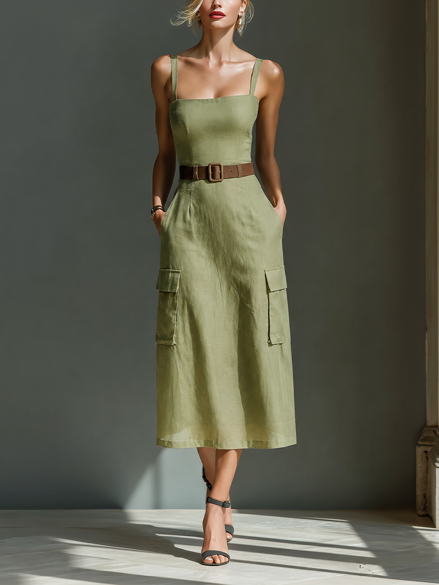 Women's Green Linen Sleeveless Belted Midi Dress – ModClo