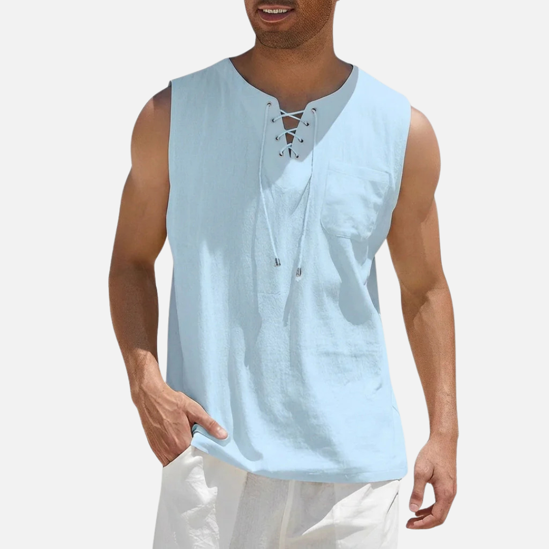 Men's Linen Sleeveless Tank Top | Lace-Up V-Neck Beach Vest