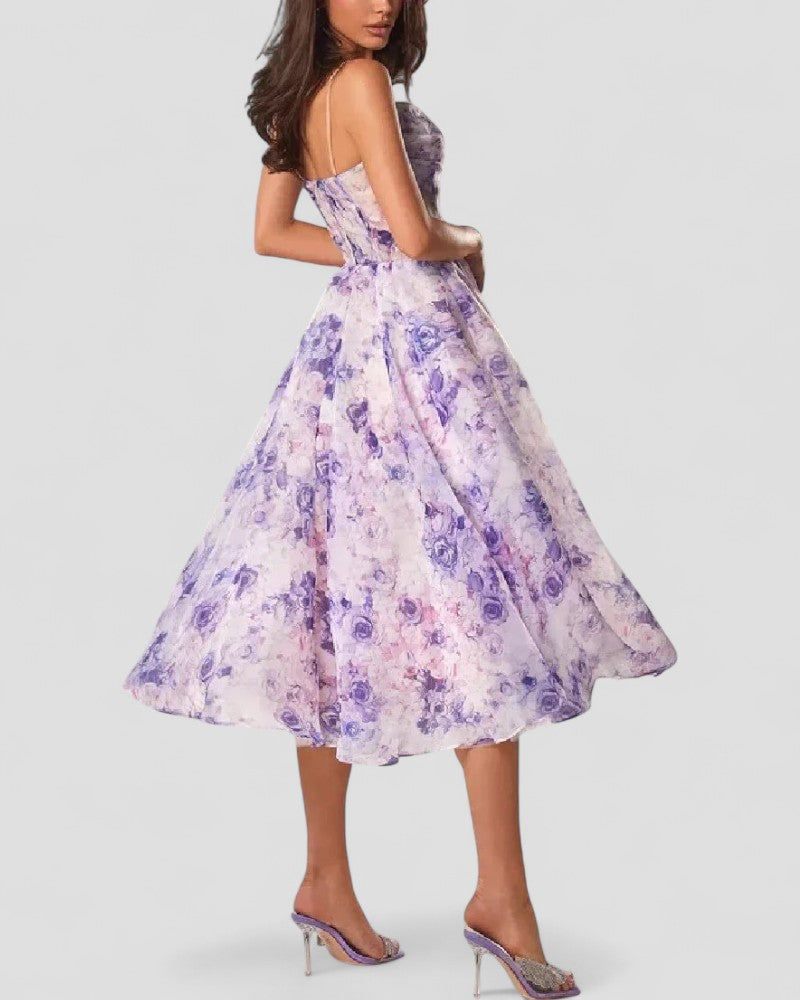 Romantic Floral Organza Midi Dress for Elegant Summer Looks