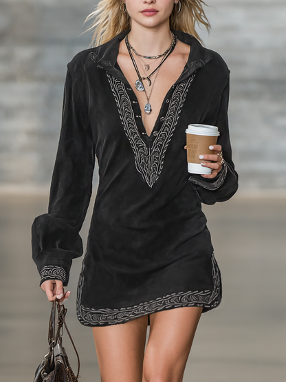 Women's Suede Long Sleeve Embroidered Vintage Mini Dress – ModClo