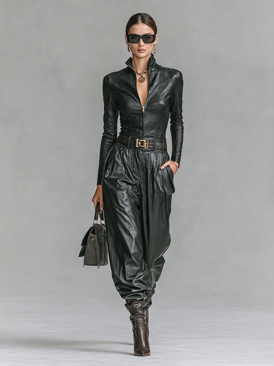 Women's Leather Zipper Slim Fit Stand Collar Trouser Set – ModClo