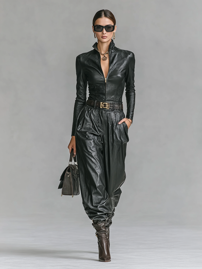 Women's Leather Zipper Slim Fit Stand Collar Trouser Set – ModClo