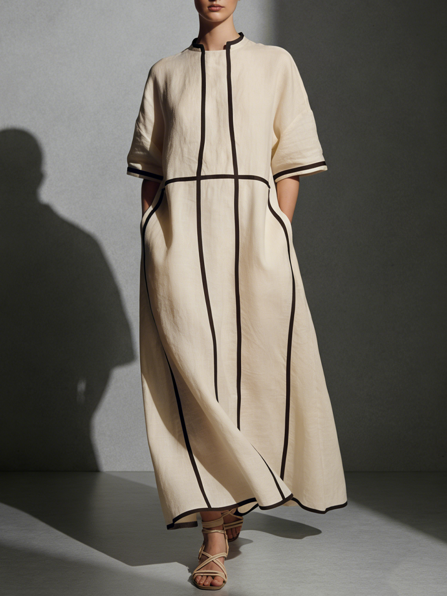 Women's Beige Linen Stand Collar Maxi Dress – ModClo