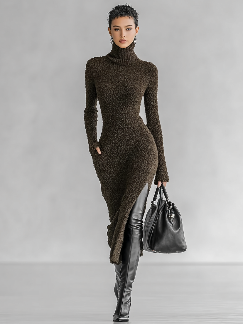 Women's Knit High Neck Slit Slim Fit Midi Dress – ModClo