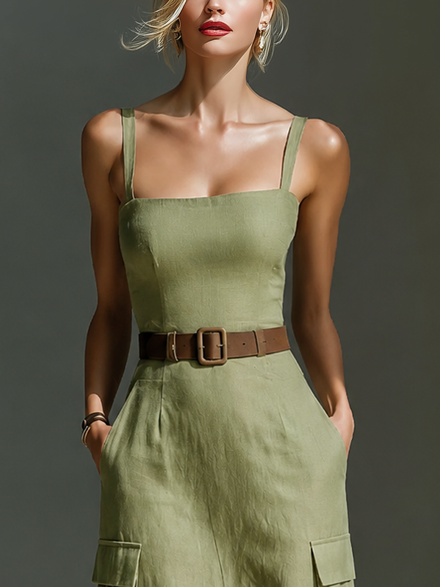 Women's Green Linen Sleeveless Belted Midi Dress – ModClo