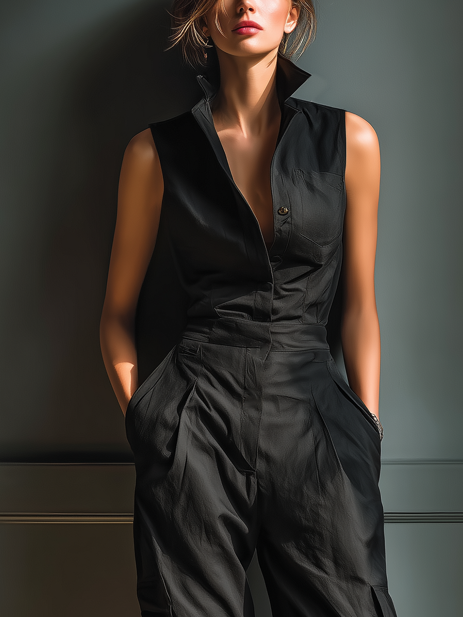 Women's Black Linen Sleeveless Cargo Jumpsuit – ModClo