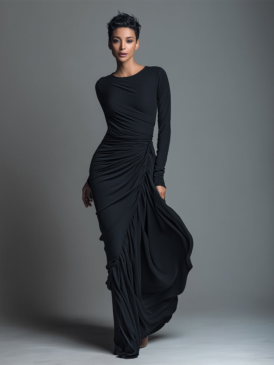 Women's Black Knit Ruched Maxi Dress – ModClo