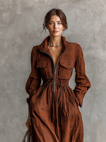 Women's Linen Zipper Lapel Maxi Dress – ModClo
