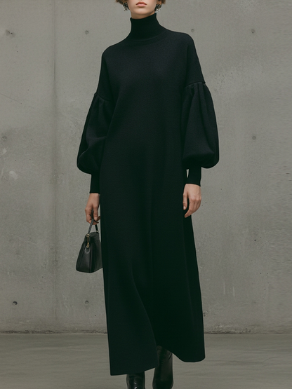 Women's Black Turtleneck Puff Sleeve Maxi Dress – ModClo