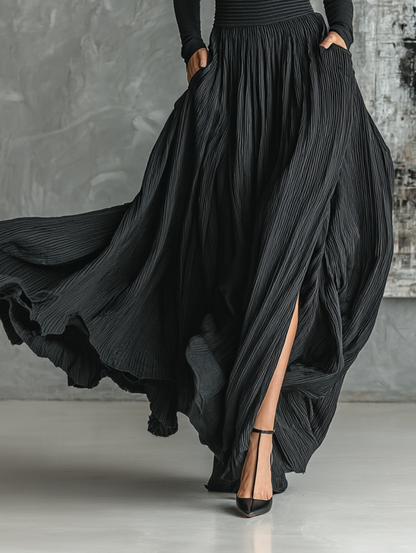 Women's Black Turtleneck Pleated Skirt Set – ModClo
