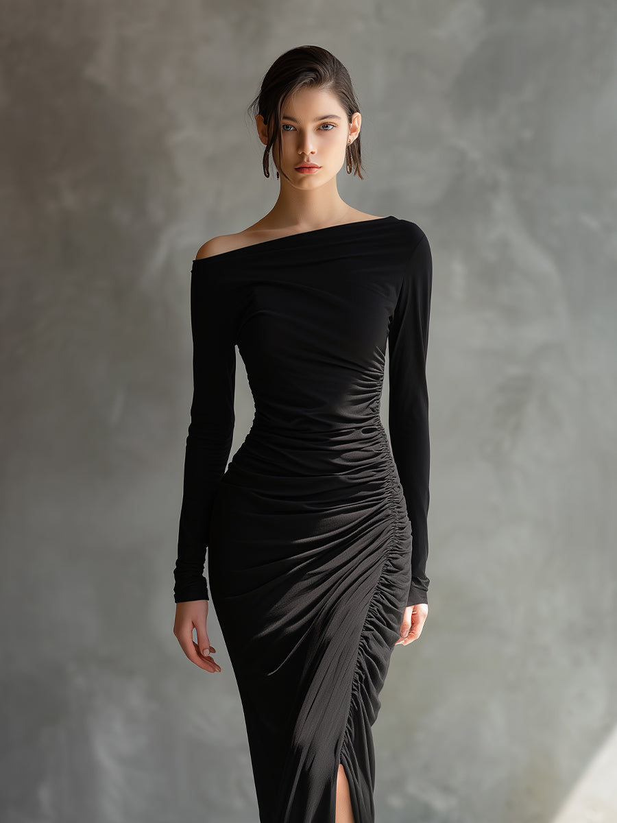 Women's Black Jersey Ruched Slit Maxi Dress – ModClo