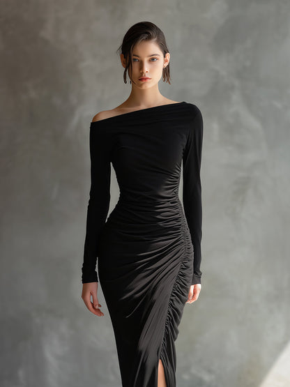 Women's Black Jersey Ruched Slit Maxi Dress – ModClo