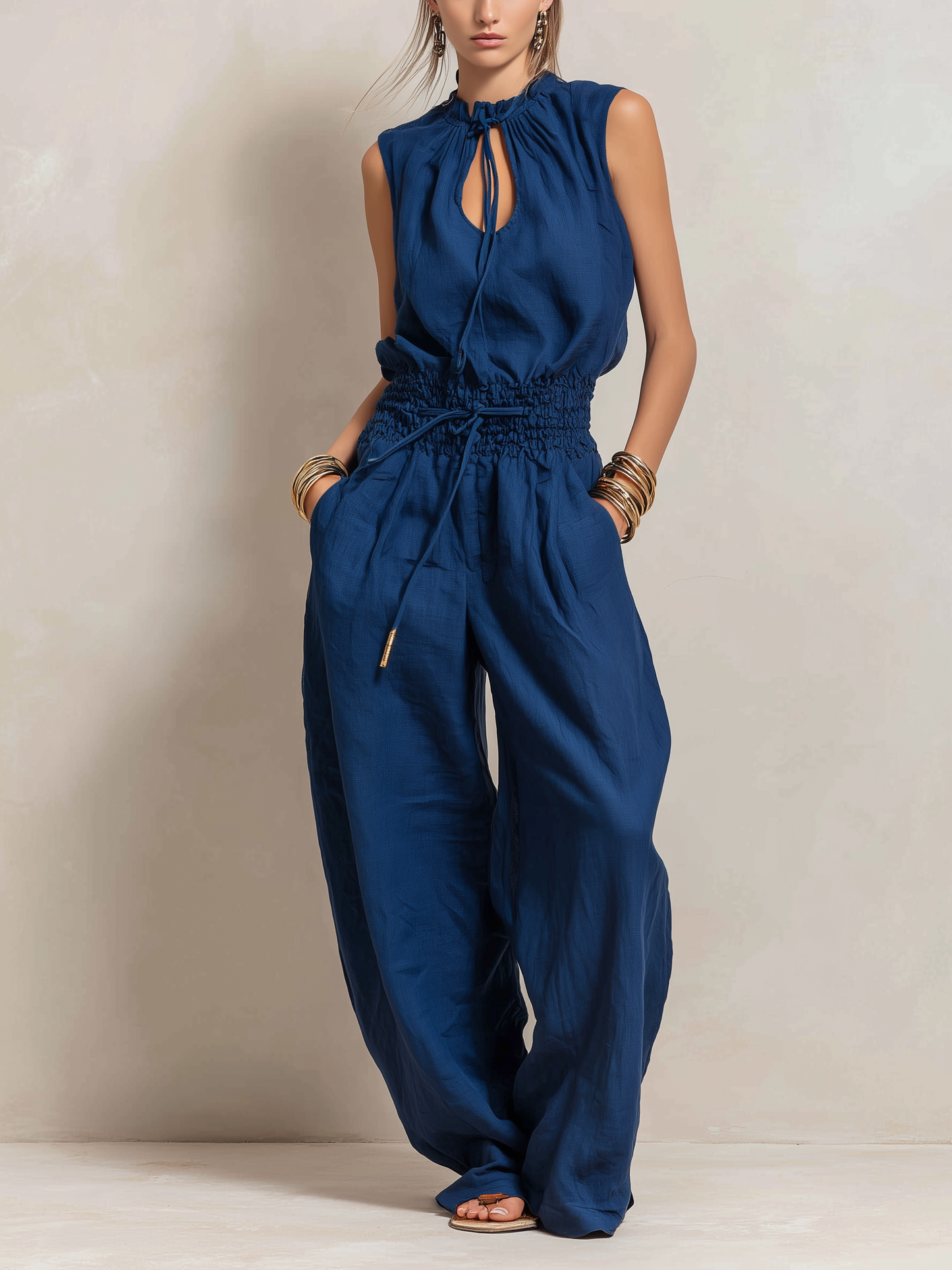 Women's Blue Linen Round Neck Sleeveless Jumpsuit – ModClo