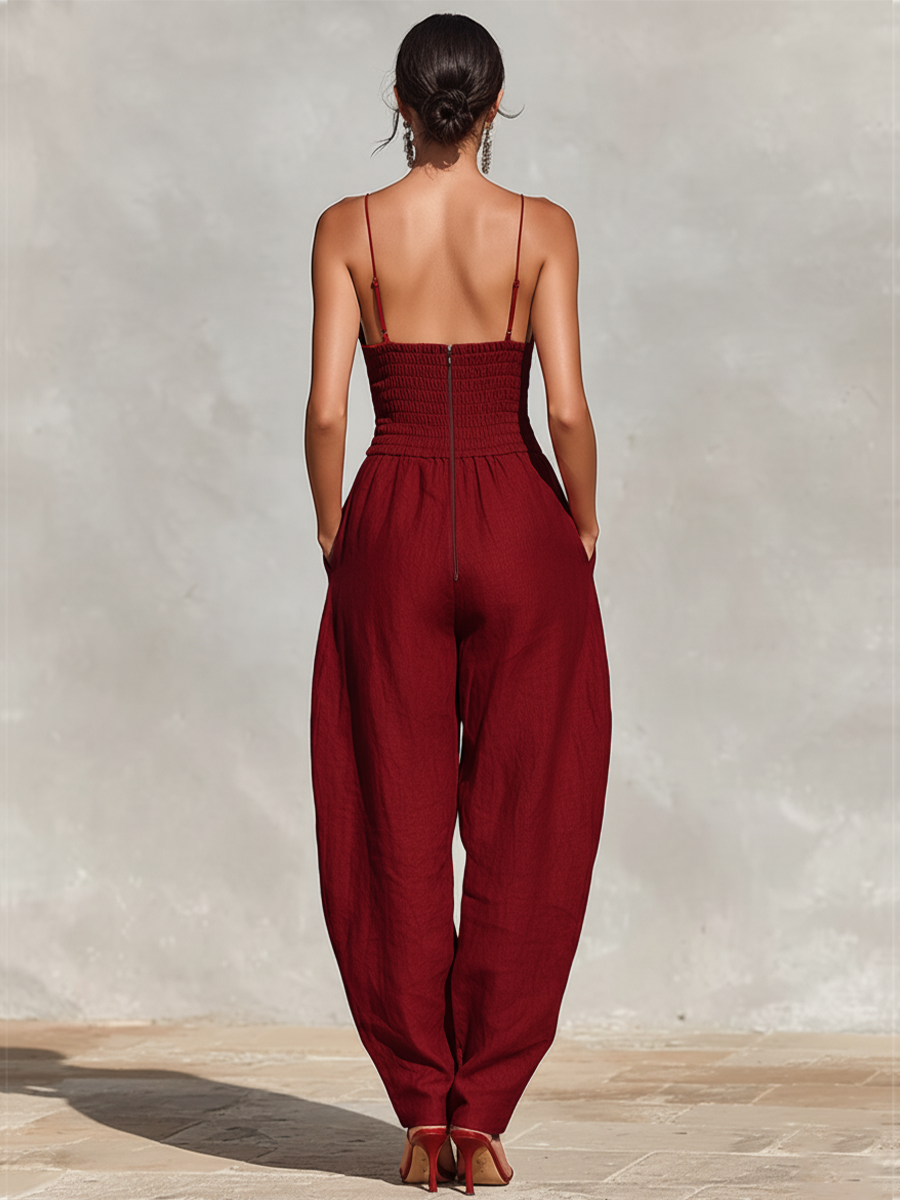 Women's Red Linen Pleated Jumpsuit – ModClo