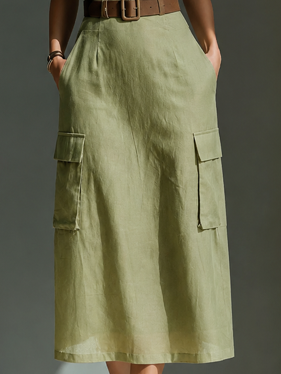 Women's Green Linen Sleeveless Belted Midi Dress – ModClo