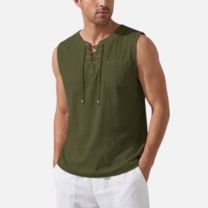 Men's Linen Sleeveless Tank Top | Lace-Up V-Neck Beach Vest